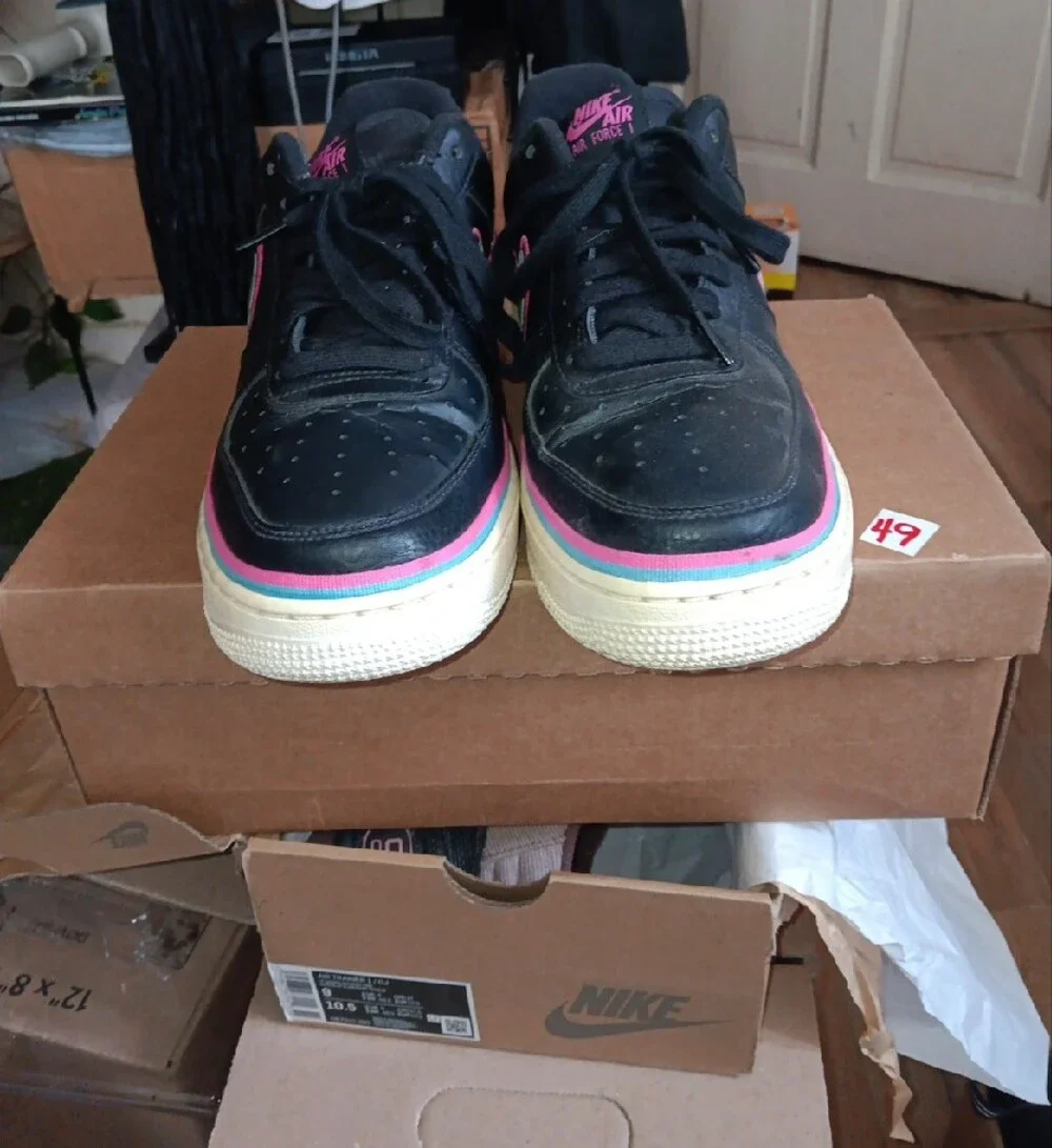 Nike AF1 NBA Colab, Black Leather Sneakers with Teal & Pink Swoosh